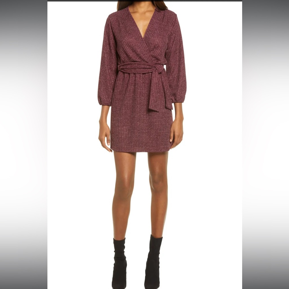 Fraiche By J Lurex Long Sleeve Minidress Purple Plum Faux Wrap Medium NWT